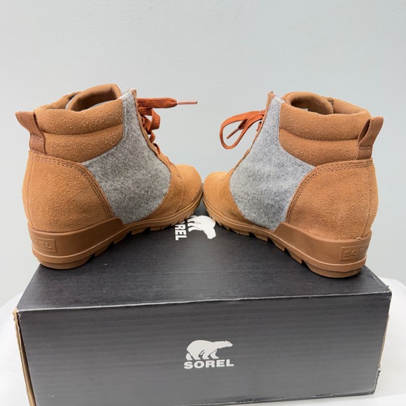 Sorel Evie Brown Suede Grey Felt Lace Up Wedge Ankle Booties Women's 7 - Picture 6 of 9